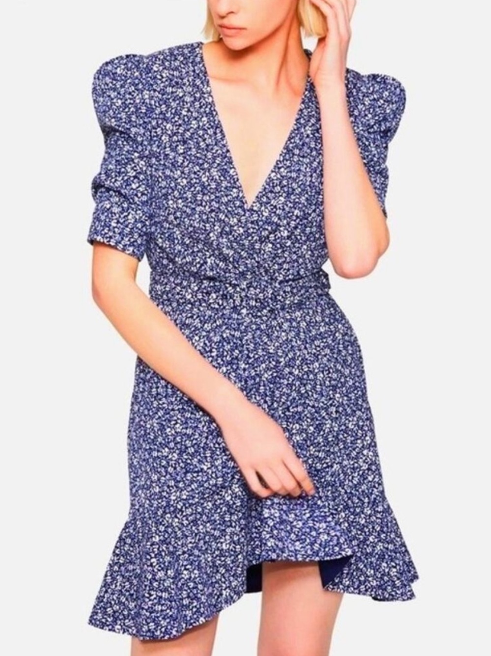 Jonathan Simkhai Purple and Navy Floral V-Neck Puff Sleeve Mini Dress Size 2